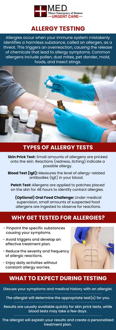 Allergies can cause adverse reactions in your body to usually harmless things. Depending on the severity, mild to fatal symptoms can occur. To determine if you are allergic to a particular substance, an allergy specialist will conduct an allergy test. Minor Emergency of Denton provides allergy treatment for food allergies, respiratory allergies, drug allergies, and more. For more information, please contact us or simply walk in! We are conveniently located at 4400 Teasley Ln #200 Denton, TX 76210. Allergies can cause adverse reactions in your body to usually harmless things. Depending on the severity, mild to fatal symptoms can occur. To determine if you are allergic to a particular substance, an allergy specialist will conduct an allergy test. Minor Emergency of Denton provides allergy treatment for food allergies, respiratory allergies, drug allergies, and more. For more information, please contact us or simply walk in! We are conveniently located at 4400 Teasley Ln #200 Denton, TX 76210.