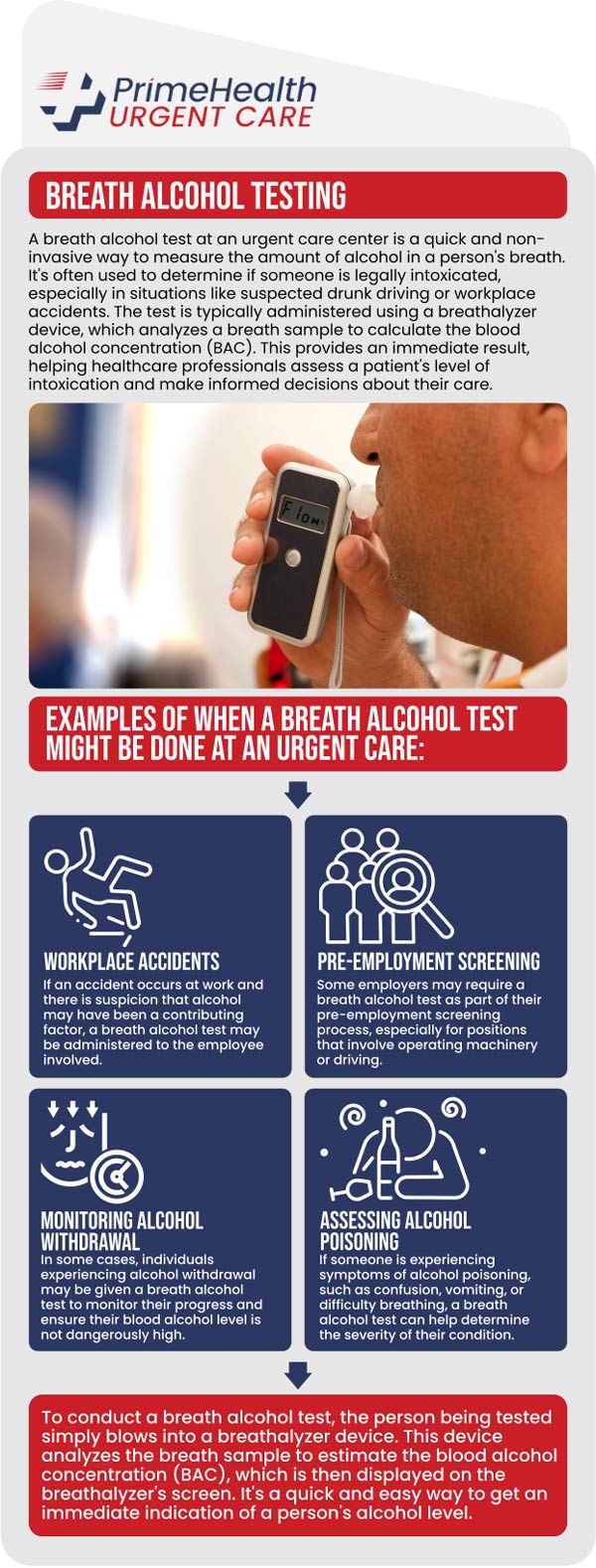 The breath alcohol test determines the quantity of alcohol in the blood by analyzing exhaled air. Looking for an urgent care clinic near Denton, TX, that provides breath alcohol testing? Look no further than Minor Emergency of Denton! Our qualified doctor, Dr. Andrew J. Blankenau, MD, and his team provide affordable breath alcohol tests at our clinic. For more information, please contact us or simply walk in! We are conveniently located at 4400 Teasley Ln #200 Denton, TX 76210.