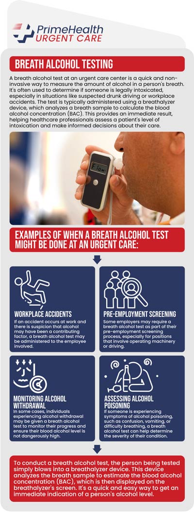 The breath alcohol test determines the quantity of alcohol in the blood by analyzing exhaled air. Looking for an urgent care clinic near Denton, TX, that provides breath alcohol testing? Look no further than Minor Emergency of Denton! Our qualified doctor, Dr. Andrew J. Blankenau, MD, and his team provide affordable breath alcohol tests at our clinic. For more information, please contact us or simply walk in! We are conveniently located at 4400 Teasley Ln #200 Denton, TX 76210.