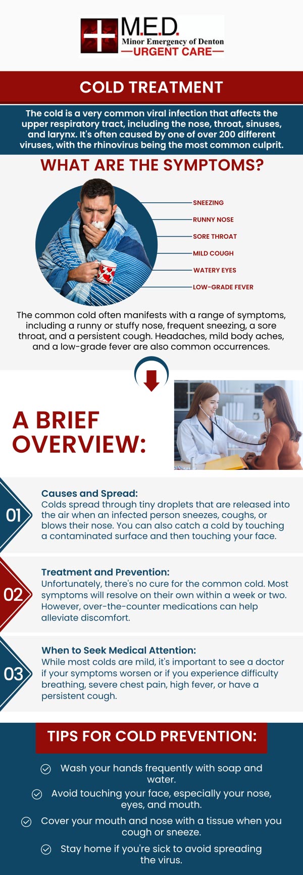 Respiratory illnesses such as colds and flu can be caused by various viruses. The common cold tends to have mild symptoms that develop gradually, while the flu typically begins suddenly with symptoms like fever and chills, which are not common with colds. Both illnesses can be transmitted through airborne droplets from coughing and sneezing, as well as through contact with saliva or nasal secretions. If you suspect that you have a cold or the flu, visit Dr. Andrew J. Blankenau, MD at Minor Emergency of Denton for an accurate diagnosis and treatment. For more information, please contact us or simply walk-in! We are conveniently located at 4400 Teasley Ln #200 Denton, TX 76210.