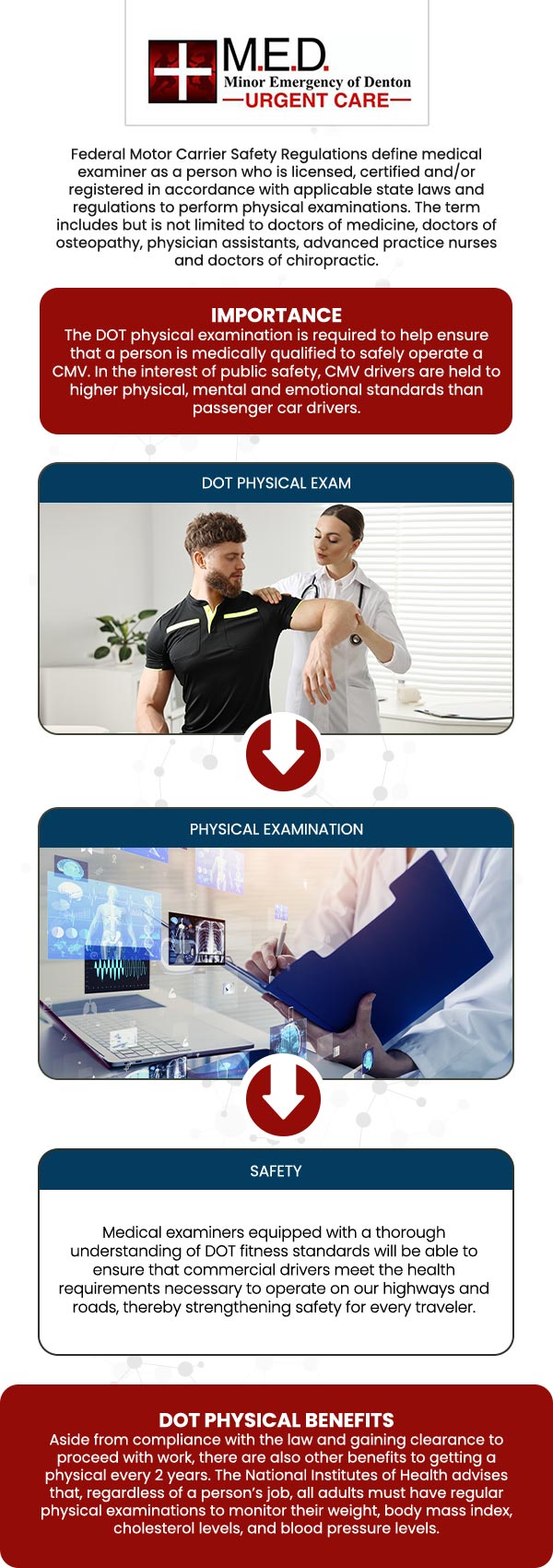 People who operate commercial vehicles must pass a physical examination known as a DOT physical. A DOT physical's purpose is to ensure that those operating commercial motor vehicles are in a healthy state of mind, body, and emotions. At Minor Emergency of Denton, Dr. Andrew J. Blankenau, MD provides affordable, convenient, and comprehensive DOT Physicals for individuals and employers. For more information, please contact us or simply walk-in! We are conveniently located at 4400 Teasley Ln #200 Denton, TX 76210. People who operate commercial vehicles must pass a physical examination known as a DOT physical. A DOT physical's purpose is to ensure that those operating commercial motor vehicles are in a healthy state of mind, body, and emotions. At Minor Emergency of Denton, Dr. Andrew J. Blankenau, MD provides affordable, convenient, and comprehensive DOT Physicals for individuals and employers. For more information, please contact us or simply walk-in! We are conveniently located at 4400 Teasley Ln #200 Denton, TX 76210.