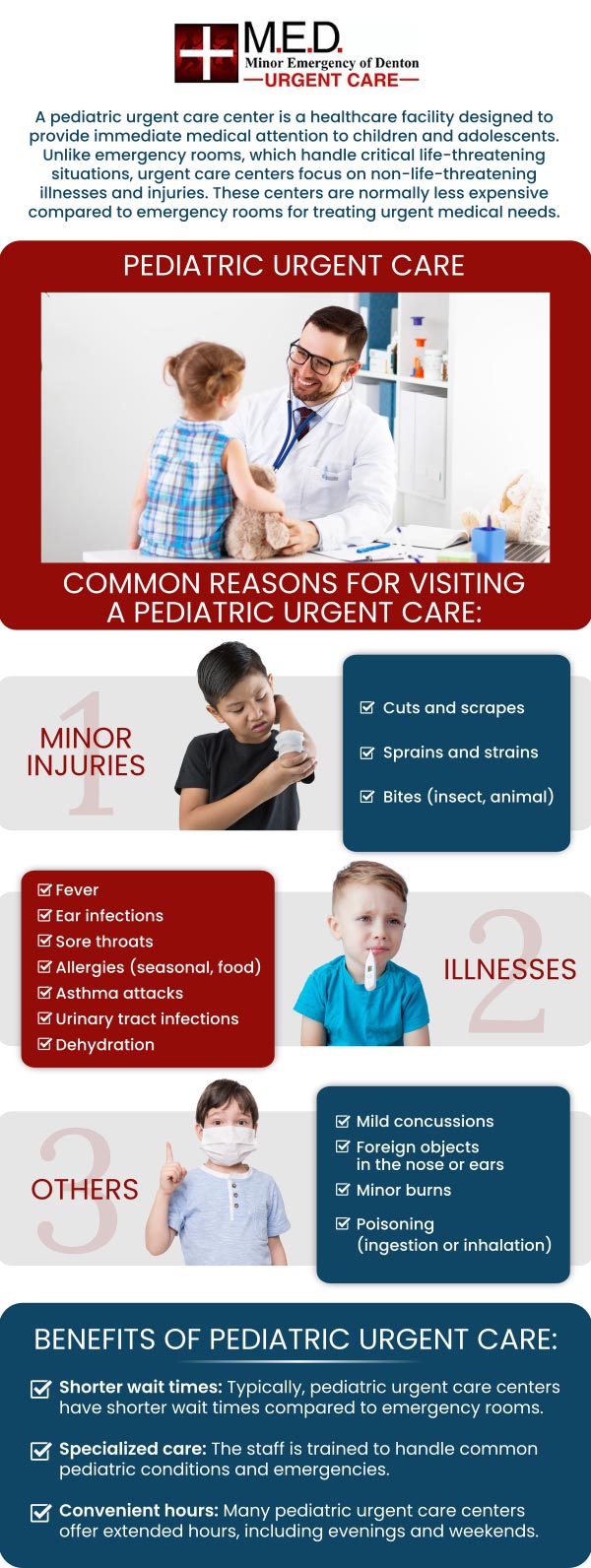 Urgent care clinics are designed to deliver same-day treatment for a wide range of minor medical problems, from colds and rashes to muscle sprains and achy joints. A variety of similar services that your physician's clinic offers, such as lab testing and X-rays, are available at these clinics. There are no appointments required, so you may come in whenever you desire. At Minor Emergency of Denton Urgent Care, Dr. Andrew J. Blankenau, MD, offers a pediatric walk-in clinic to children of all ages. For more information, please contact us or simply walk in! We are conveniently located at 4400 Teasley Ln #200 Denton, TX 76210. Urgent care clinics are designed to deliver same-day treatment for a wide range of minor medical problems, from colds and rashes to muscle sprains and achy joints. A variety of similar services that your physician's clinic offers, such as lab testing and X-rays, are available at these clinics. There are no appointments required, so you may come in whenever you desire. At Minor Emergency of Denton Urgent Care, Dr. Andrew J. Blankenau, MD, offers a pediatric walk-in clinic to children of all ages. For more information, please contact us or simply walk in! We are conveniently located at 4400 Teasley Ln #200 Denton, TX 76210.