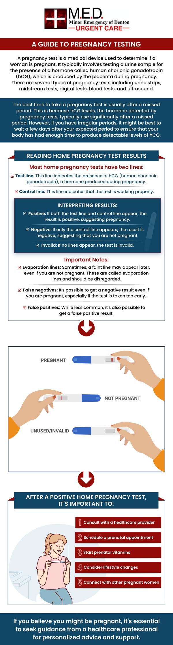 A pregnancy test can detect pregnancy by looking for hCG, a hormone produced during pregnancy, in a urine or blood sample. If you need a more reliable urine pregnancy test or blood test, Dr. Andrew J. Blankenau, MD, at Minor Emergency of Denton can deliver it in a secure and pleasant setting. For more information, please contact us or simply walk in! We are conveniently located at 4400 Teasley Ln #200 Denton, TX 76210. A pregnancy test can detect pregnancy by looking for hCG, a hormone produced during pregnancy, in a urine or blood sample. If you need a more reliable urine pregnancy test or blood test, Dr. Andrew J. Blankenau, MD, at Minor Emergency of Denton can deliver it in a secure and pleasant setting. For more information, please contact us or simply walk in! We are conveniently located at 4400 Teasley Ln #200 Denton, TX 76210.