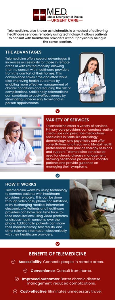It may be simpler to fit virtual visits into your hectic schedule. Depending on your schedule, you might not even need to make childcare arrangements or take time off from work when using telemedicine. Telemedicine services are provided by Dr. Andrew J. Blankenau, MD, at Minor Emergency of Denton. For more information, please contact us or simply walk in! We are conveniently located at 4400 Teasley Ln #200 Denton, TX 76210. It may be simpler to fit virtual visits into your hectic schedule. Depending on your schedule, you might not even need to make childcare arrangements or take time off from work when using telemedicine. Telemedicine services are provided by Dr. Andrew J. Blankenau, MD, at Minor Emergency of Denton. For more information, please contact us or simply walk in! We are conveniently located at 4400 Teasley Ln #200 Denton, TX 76210.
