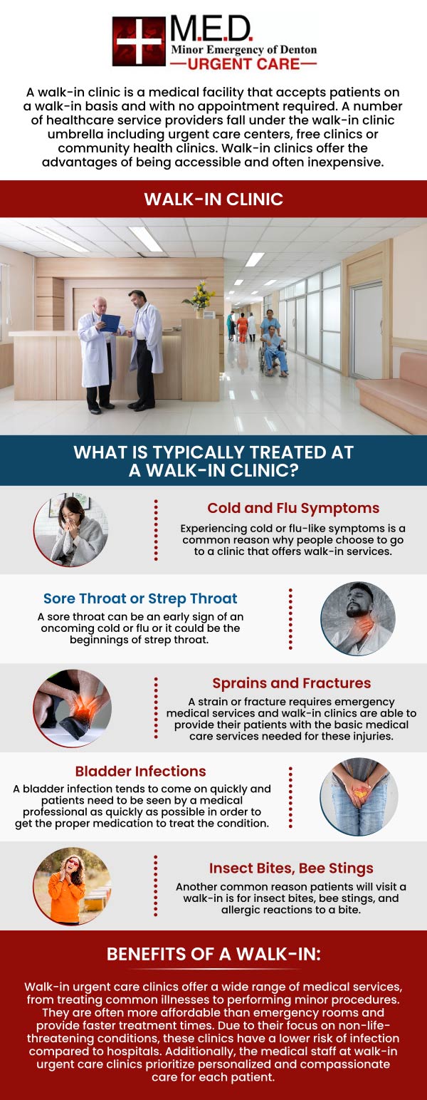 A walk-in clinic is a healthcare facility that provides medical care to patients without requiring a prior appointment. If you are looking for a walk-in clinic in Denton, TX for Urgent Care services, Minor Emergency of Denton offers it all. We are open 7 days a week & look forward to treating you, Simply walk in or contact us. We are conveniently located at 4400 Teasley Ln #200 Denton, TX 76210.